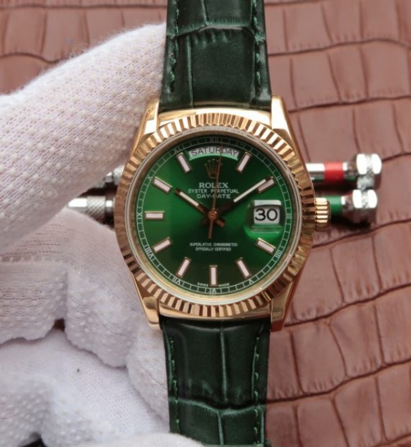 Rolex Day-Date 118138 YG Green Dial Green Leather Strap A2836