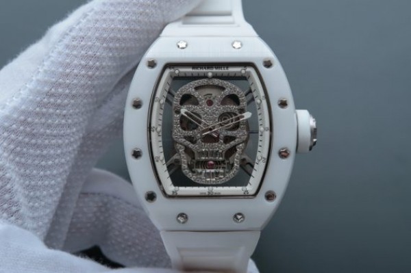 Richard Mille RM052 White Ceramic Diamonds Skull Dial White Rubber Strap MIYOTA8215