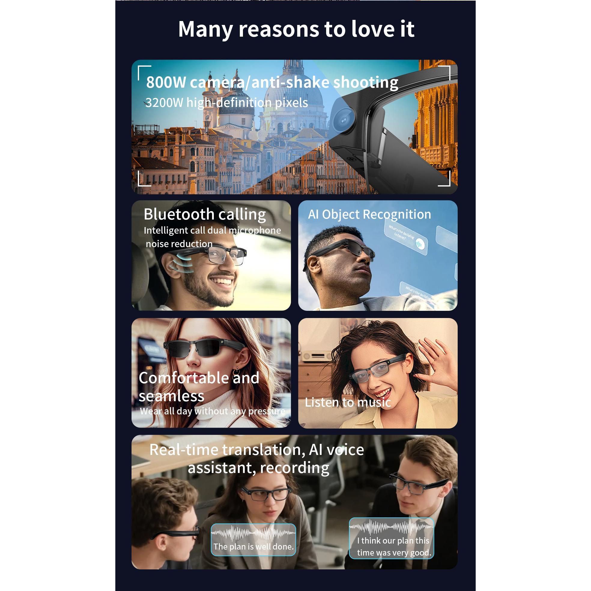 Smart AI Glasses Recording Videos Ai Photo Recognition Answer Translation Large Battery  Bluetooth Call Glasses For Men Women Wearable Mics Black Black - Image 2