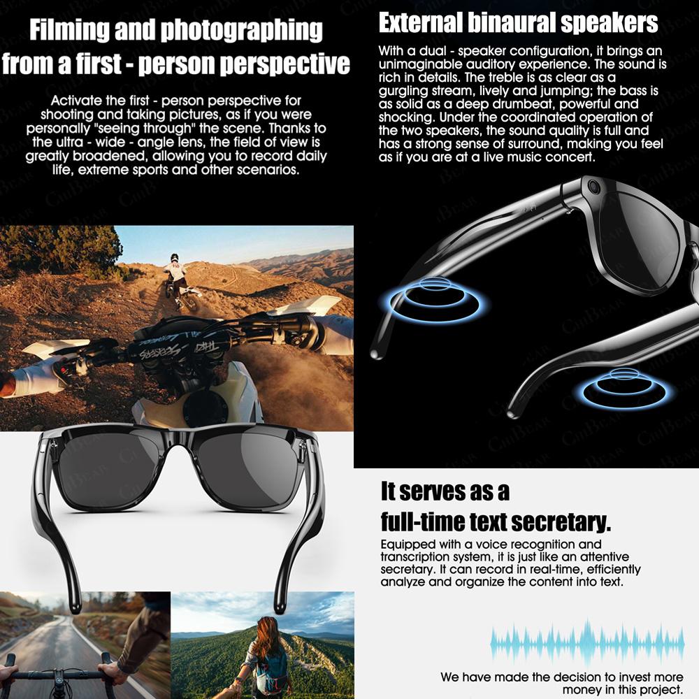 New AI Smart Glasses with Camera Function AI Voice Music Headphones Bluetooth Call Sports Driving Identify Pictures Use ChatGPT Water Proof Local Magnetic Wearable Chargeable Black