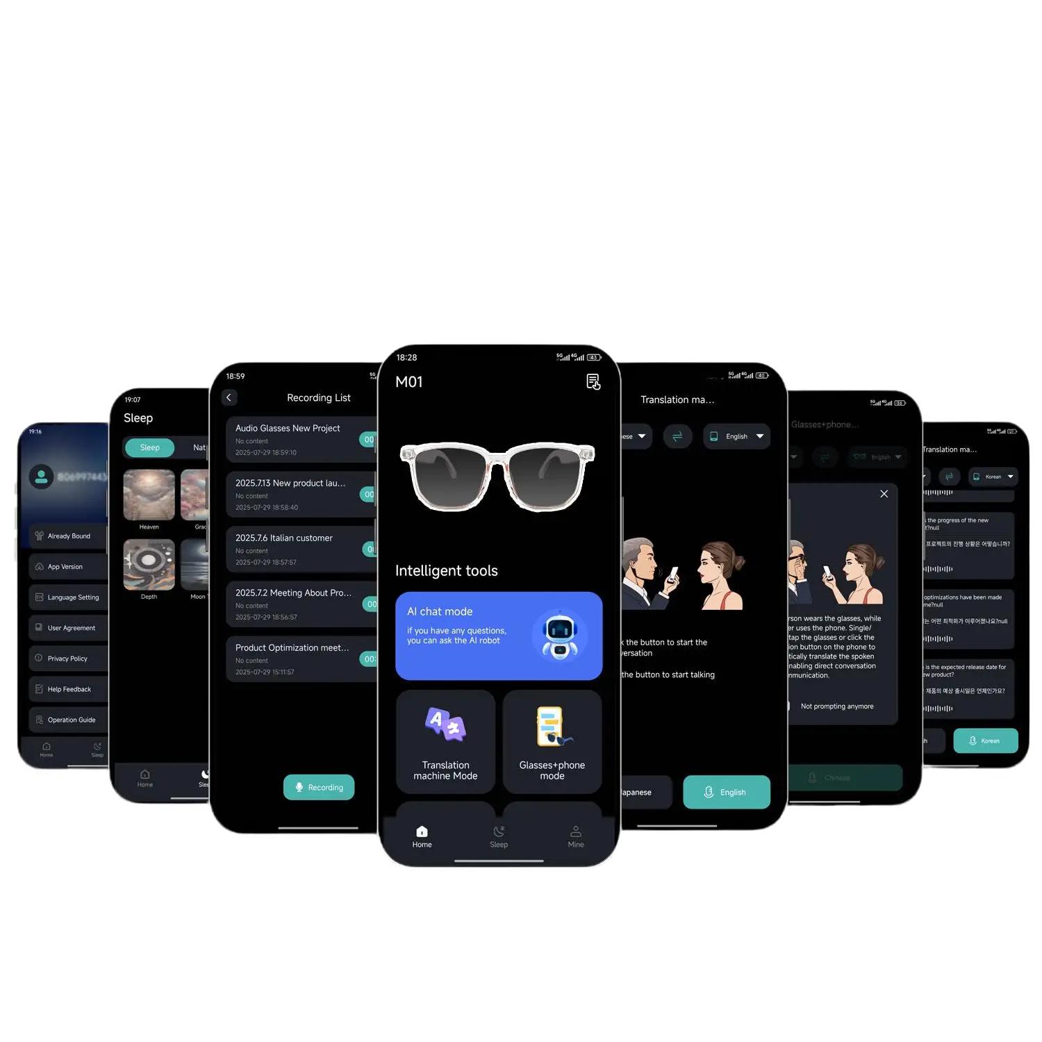 Smart AI translation audio glasses, real-time app translation in over 160 languages, light-sensitive color-changing lenses Wearable White