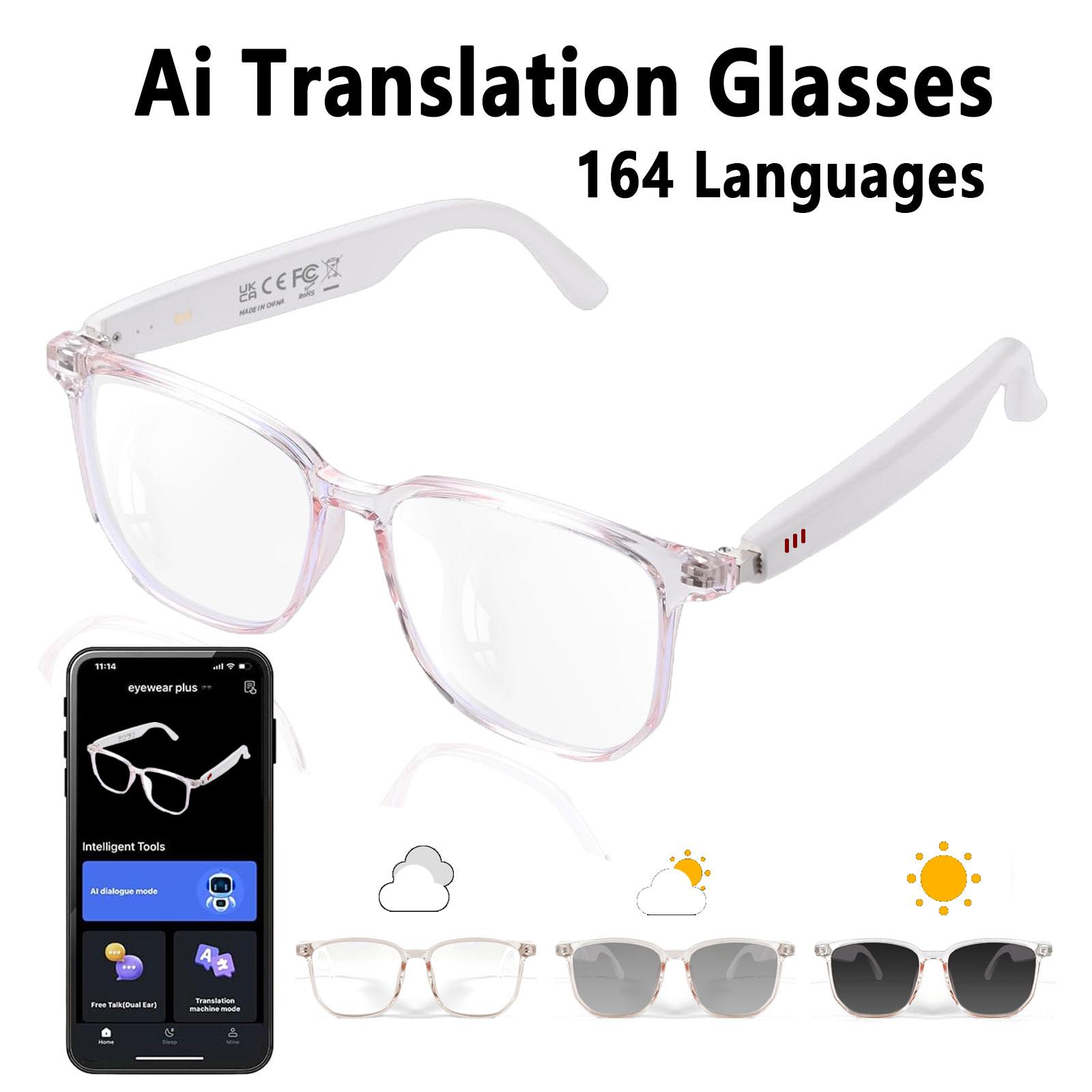 Smart AI translation audio glasses, real-time app translation in over 160 languages, light-sensitive color-changing lenses Wearable White