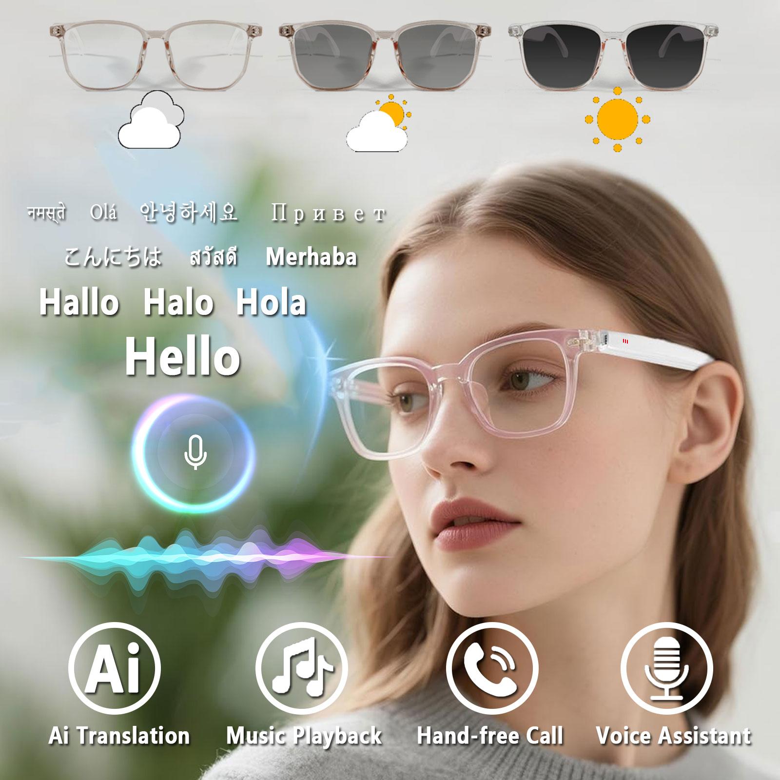 Smart AI translation audio glasses, real-time app translation in over 160 languages, light-sensitive color-changing lenses Wearable White