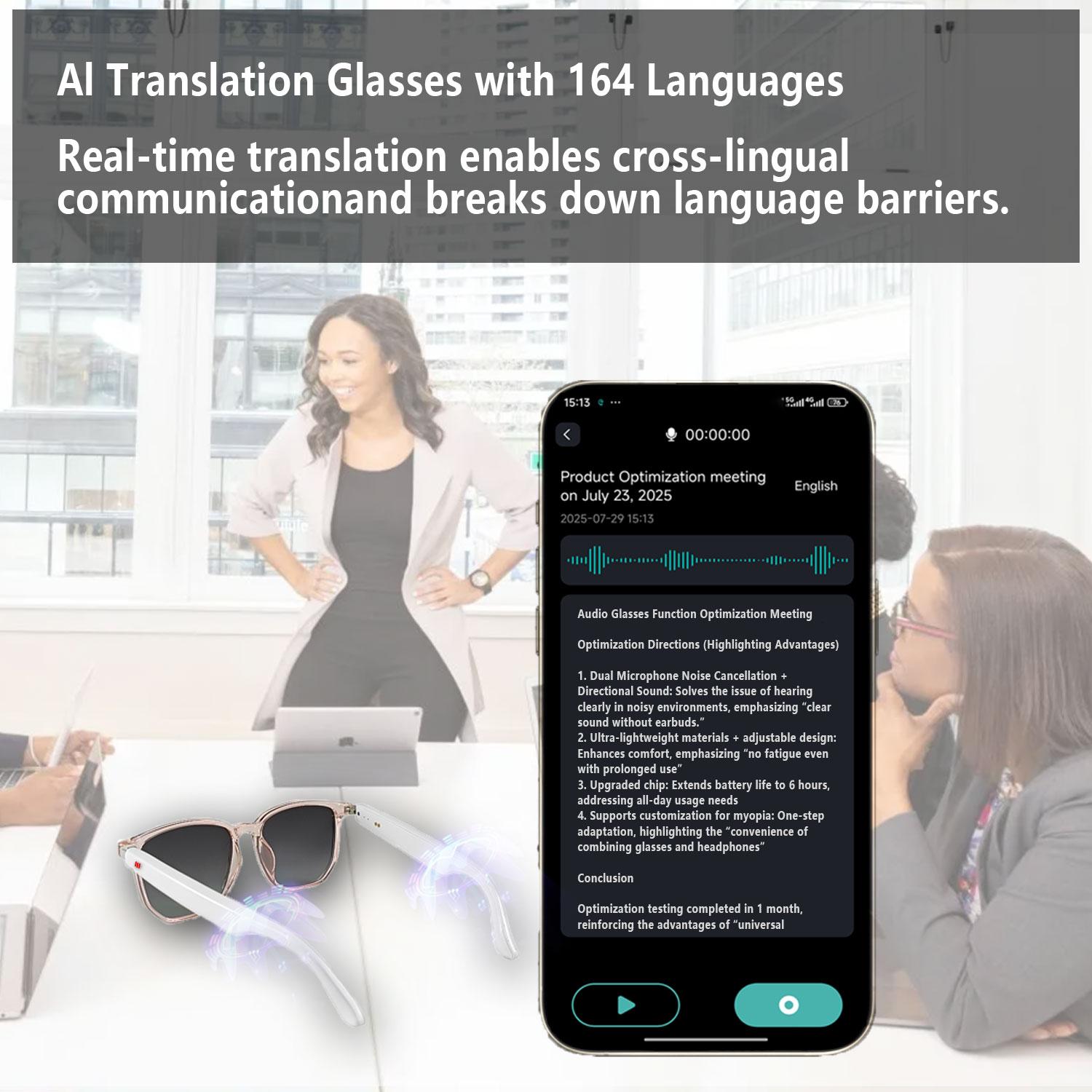 Smart AI translation audio glasses, real-time app translation in over 160 languages, light-sensitive color-changing lenses Wearable White - Image 2