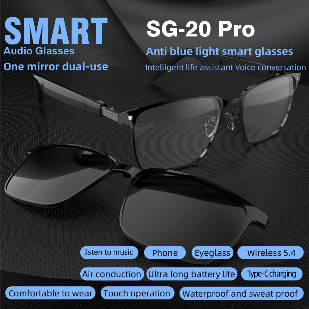 New SG-20 Pro Smart Glasses Wireless Call Music Playback Full Frame Sunglasses With Blue Light UV Protection Waterproof Glasses Bluetooth Metal
