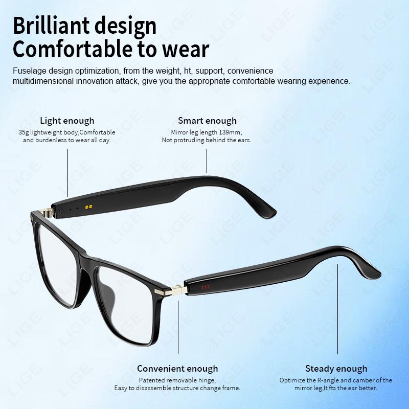 LIGE Smart Glasses Sunglasses Bluetooth Call Outdoor Sport Headphones Blue Light Waterproof Anti-UV Eyeglasses For Men Women New Wireless Adjustable