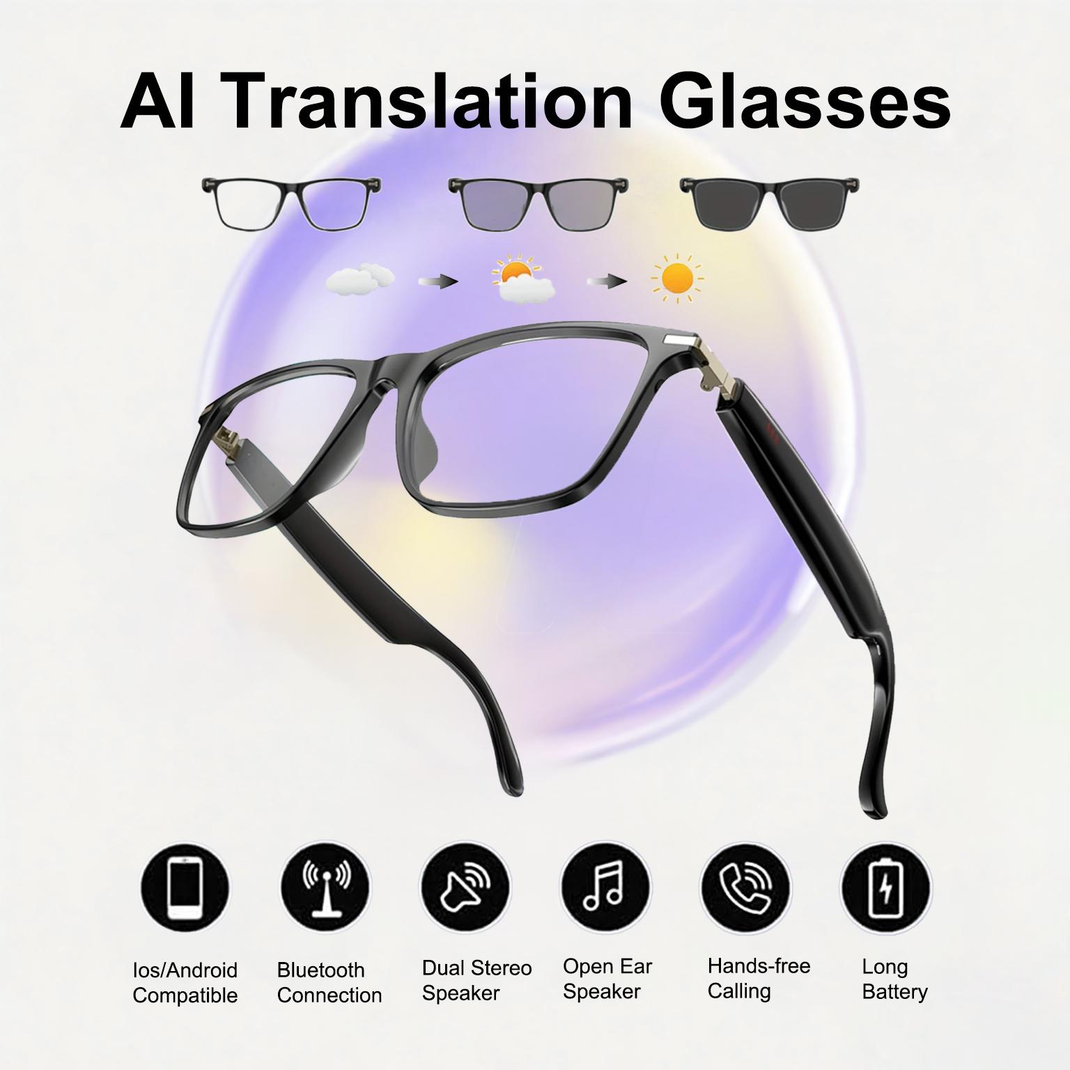 AI Translator Smart Glasses, Support 160+ Languages Translation, Stylish Audio Glasses, Photochromic Lens