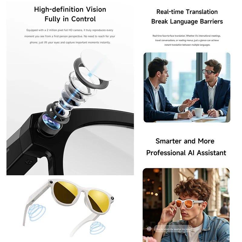New Smart Glasses Men 8MP Camera WiFi Bluetooth Touch Control IP65 Waterproof AI Translation Noise Cancelling AI Glasses Women