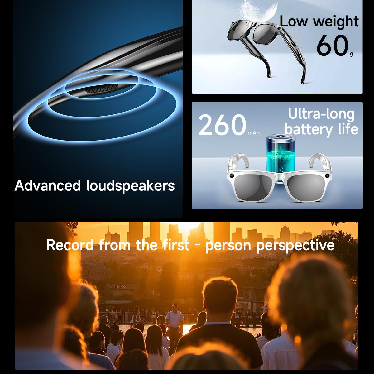 New Smart Glasses Voice Assistant BT Call AI Translation HIFI Headphones HD Anti-shake Camera Lenses Fashion Anti-UV Sunglasses