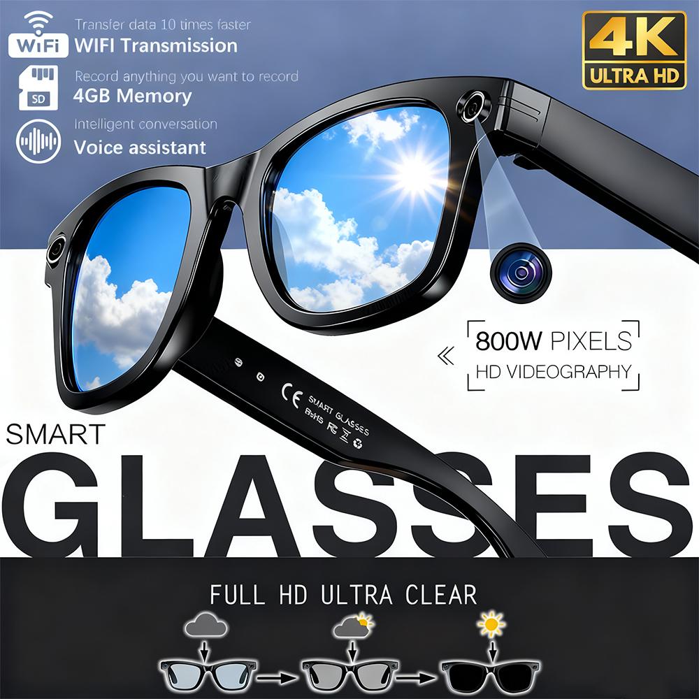 Smart AI Black Glasses, New for 2026, 800W Camera, For Men, Color-Changing Translation Glasses, Waterproof, Suitable for Calls, Photo and Video Recording