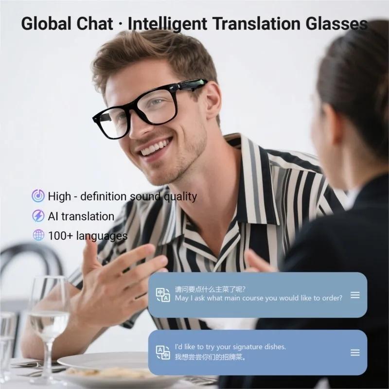 Smart glasses, 2026 collection, AI translation, supports over 100 languages, answers calls, plays music, noise reduction, BT lighting, TWS glasses, suitable for men and women