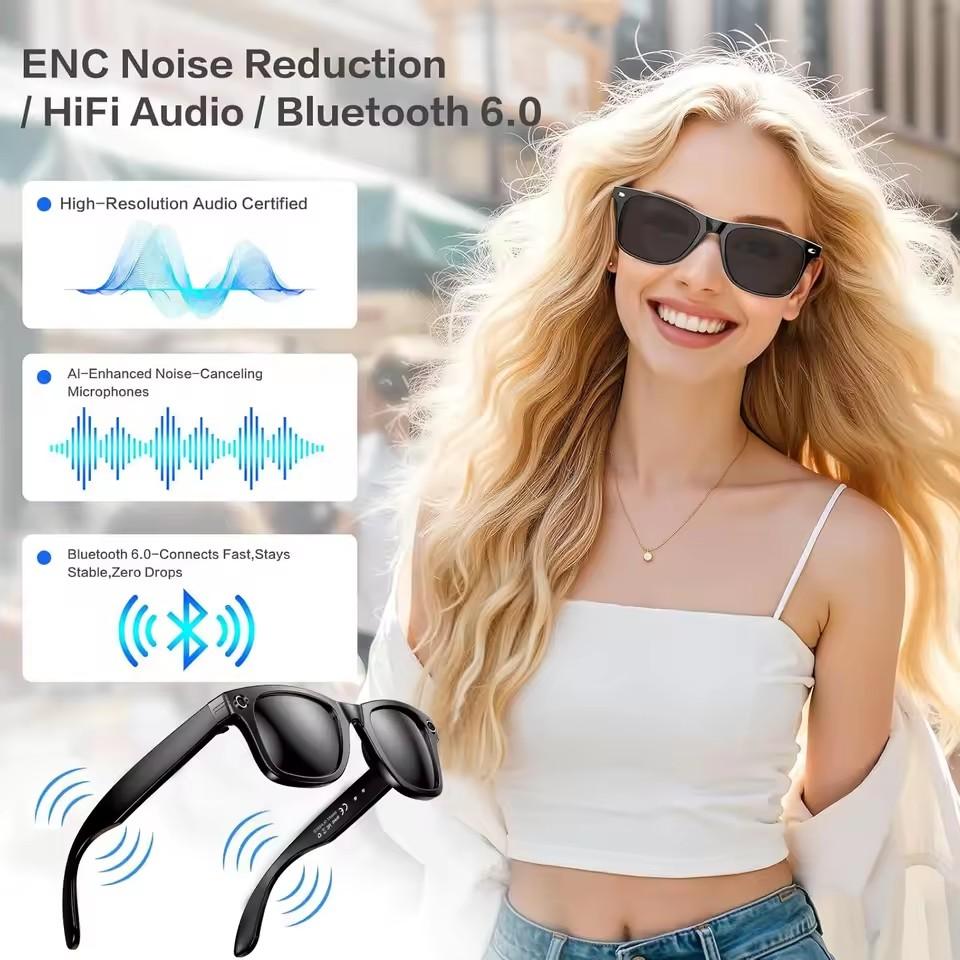 Smart glasses, new arrival for men and women, featuring an 8MP camera with WiFi and Bluetooth connectivity, touch control system, IP65 water resistance, AI translation, noise cancellation, and AI-powered functionality.