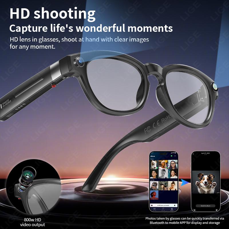 LIGE Smart AI Glasses 800W 4K HD Camera Shooting Video 290mAh Chat Voice Control Translation Bluetooth Call Color-change Lenses