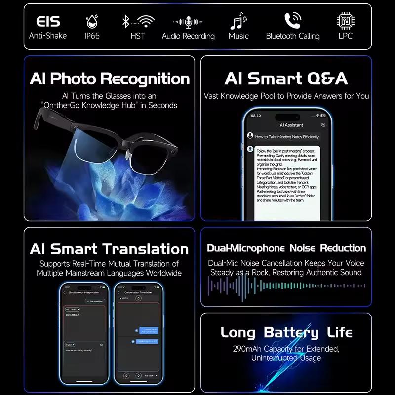 The Future of Technology: Exploring AI Smart Glasses, New, 800W HD, with 800W Pixel Camera, Photo and Video Recording, Over 100 Language Translation, AI Chat, Music Playback, Suitable for Men and Women's Innovations