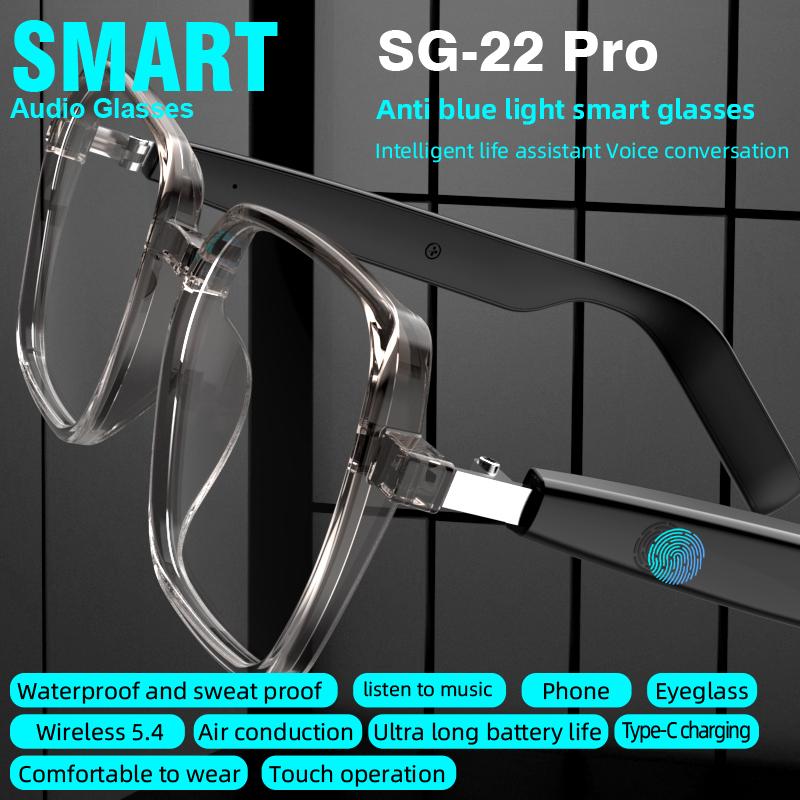 SG22 Smart Glasses, Blue Light Blocking, Fashion Transparent Frame, 8-Hour Music Playback, Unisex Daily Wear 80+80mAh Bettary