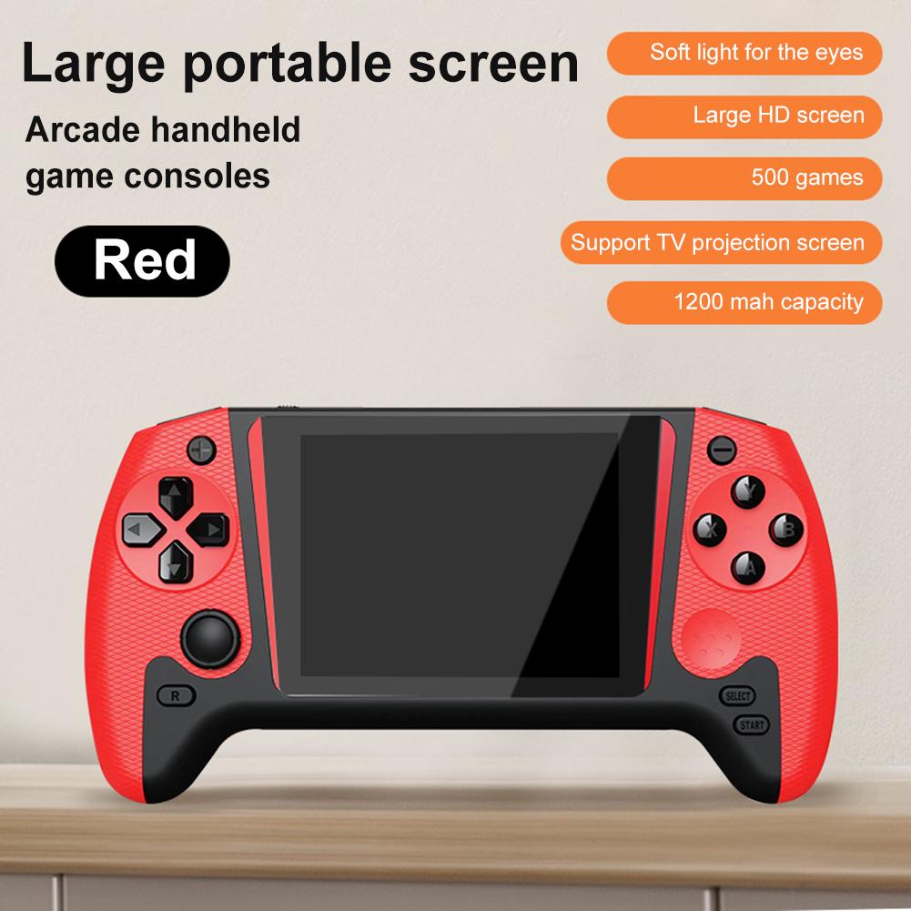 Mobile gaming console with a retro style, featuring a 3.5-inch LCD screen. Built-in video game console with 500 games, TV connectivity, and designed for single-player use.